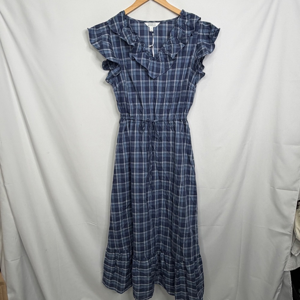 Market & Spruce Laysee Maxi Dress Blue Plaid Ruffle V-Neck Size L NWT - Picture 4 of 8